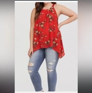 Torrid floral high Neck Red Orange Floral Shark Bite Tank 2X